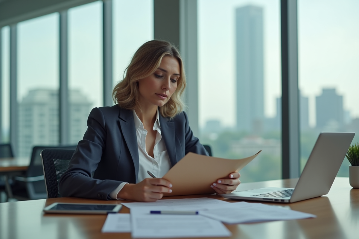 Femme en blazer dans un bureau moderne lors d'une réunion