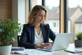 Femme professionnelle au bureau avec plans et calculatrice