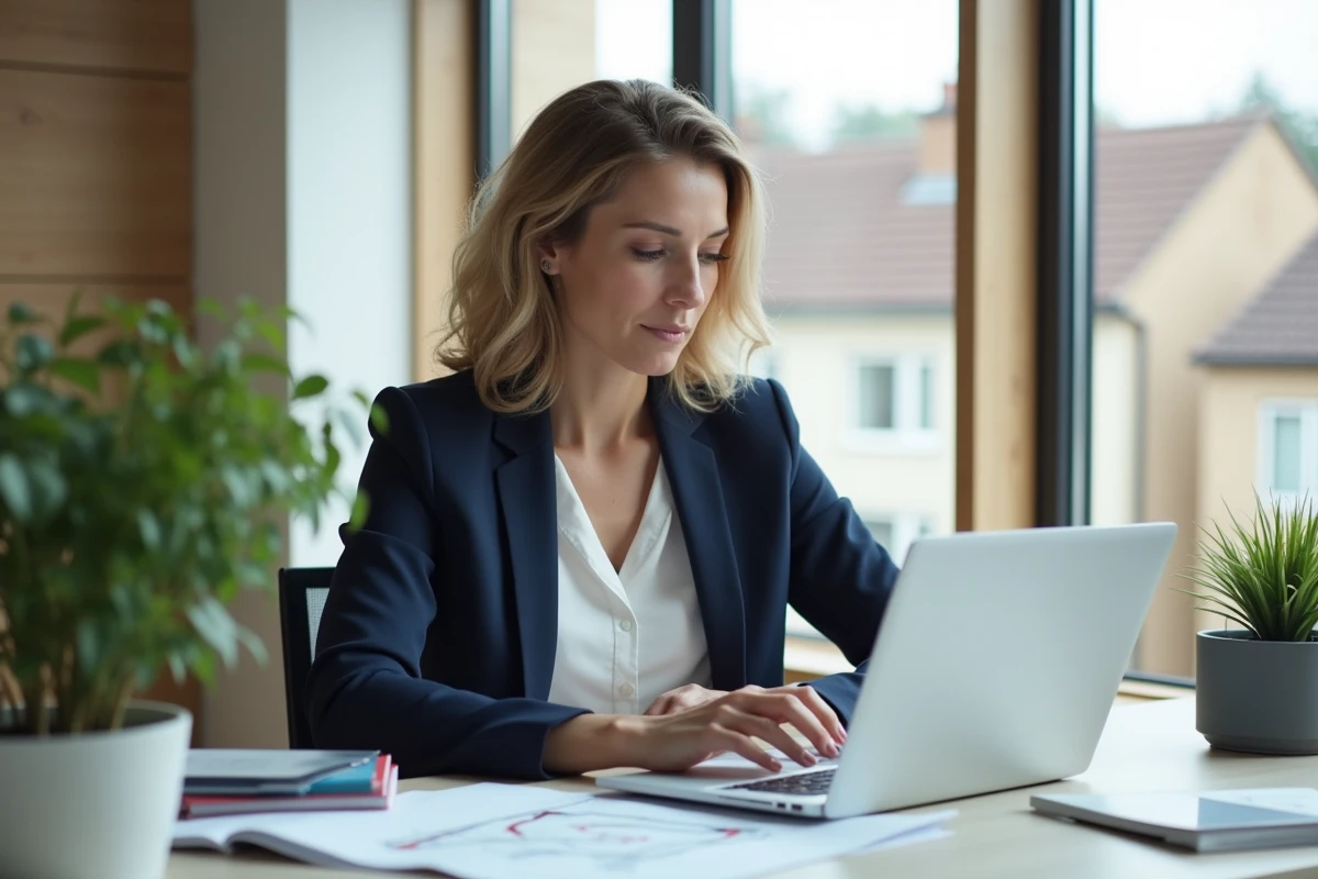Femme professionnelle au bureau avec plans et calculatrice