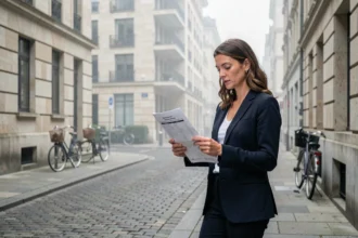 Femme cadre examinant une annonce immobilière devant un immeuble résidentiel proche de son lieu de travail en ville