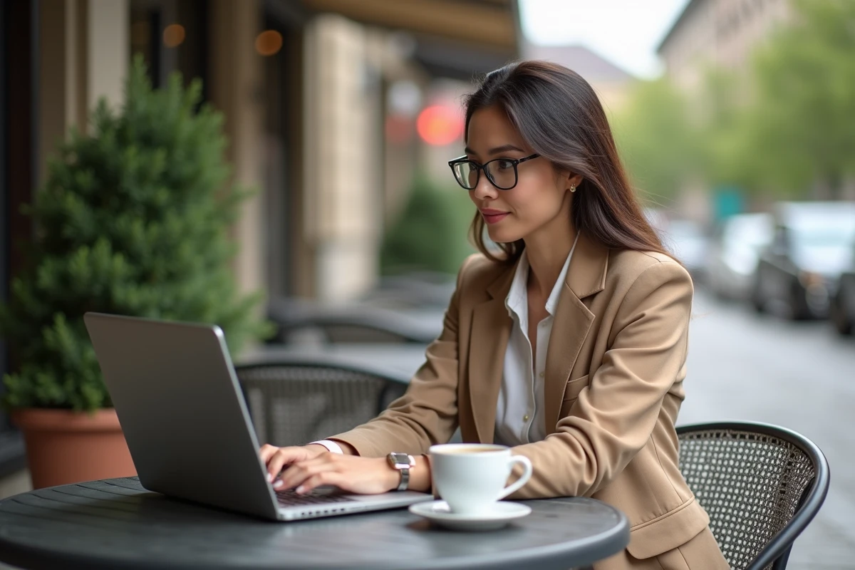 Femme au café comparant des profils sur son ordinateur