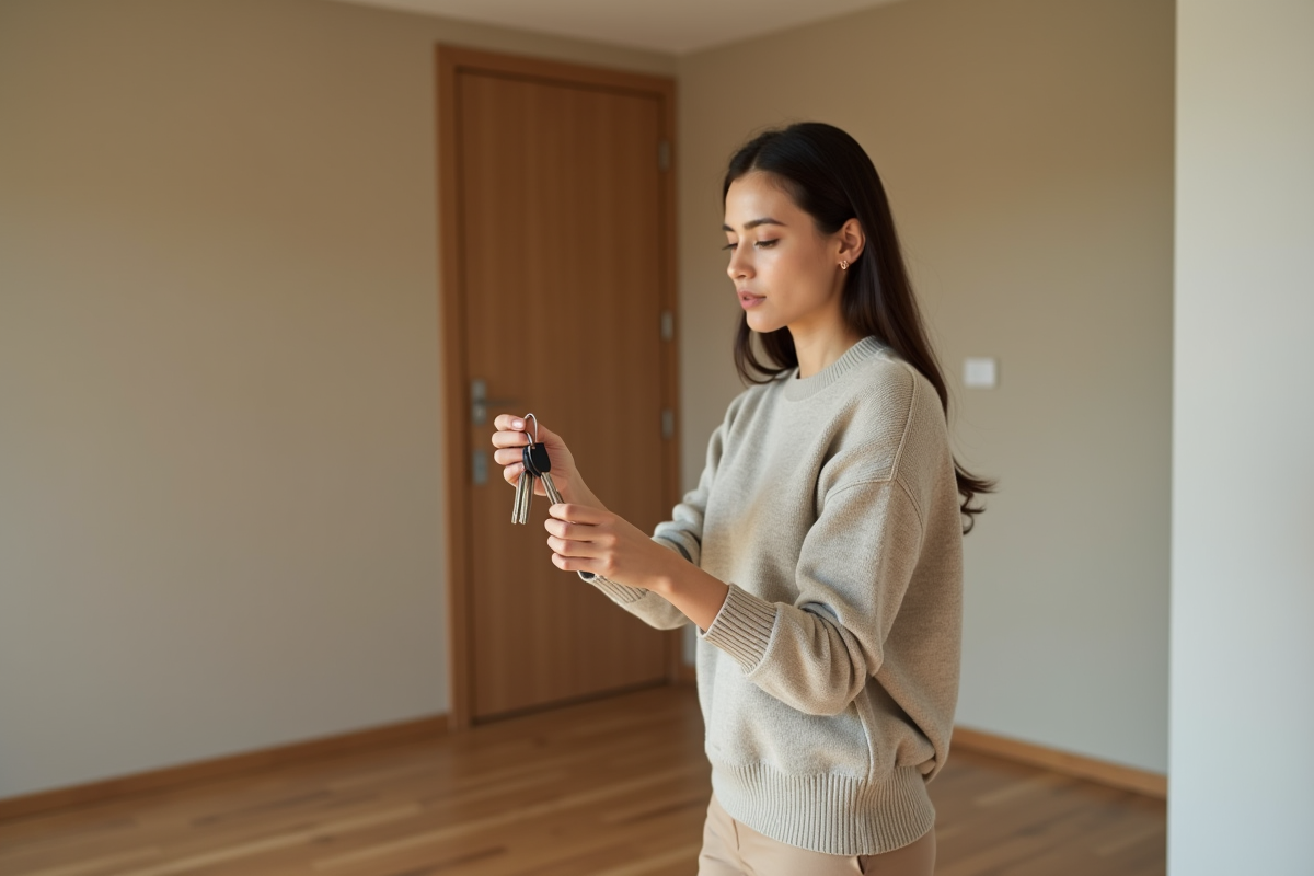 Jeune femme tenant des clés dans un hall d