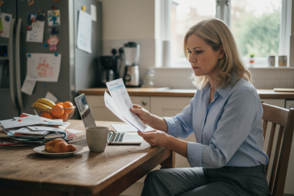 Femme comparant des devis d'assurance à la maison