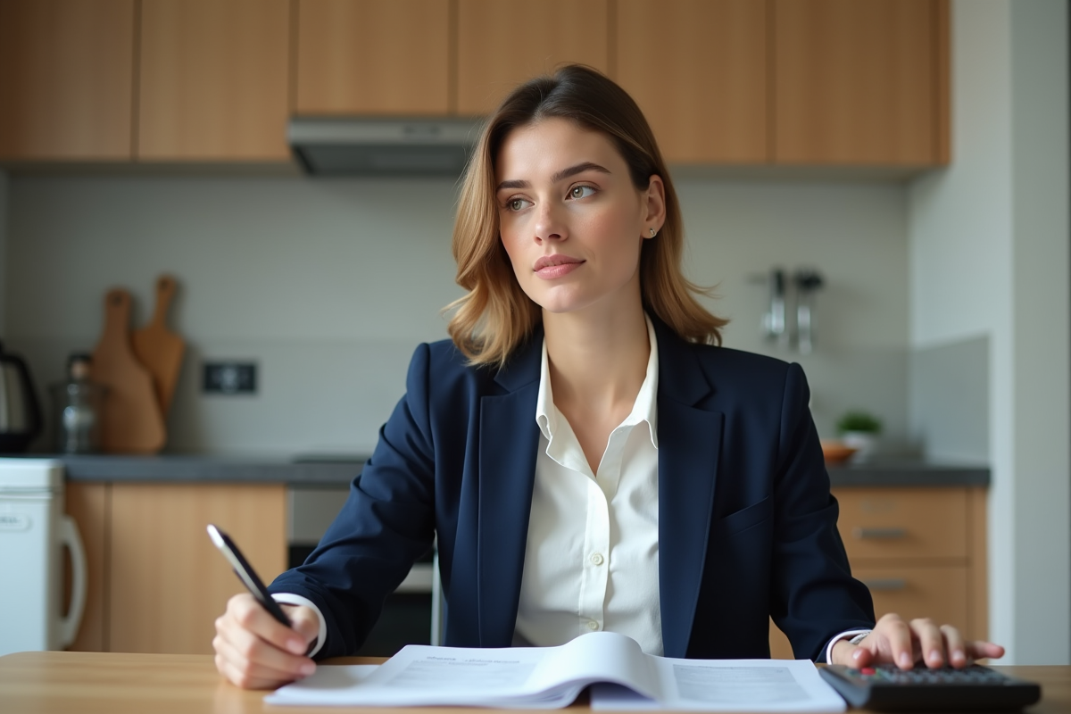 Jeune femme en blazer blanc et chemise à la maison avec documents
