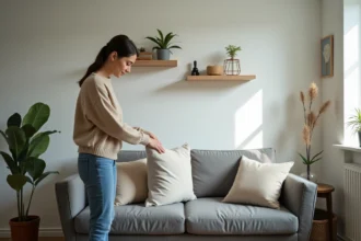 Jeune femme arrangeant des coussins dans un salon lumineux