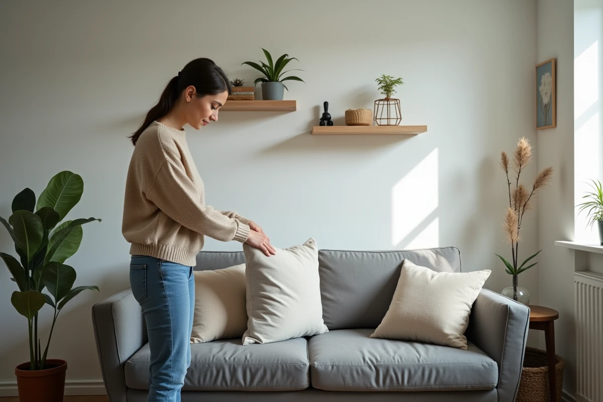 Jeune femme arrangeant des coussins dans un salon lumineux