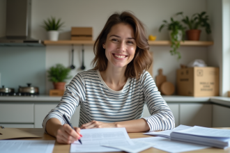 Femme souriante remplissant des papiers dans une cuisine moderne