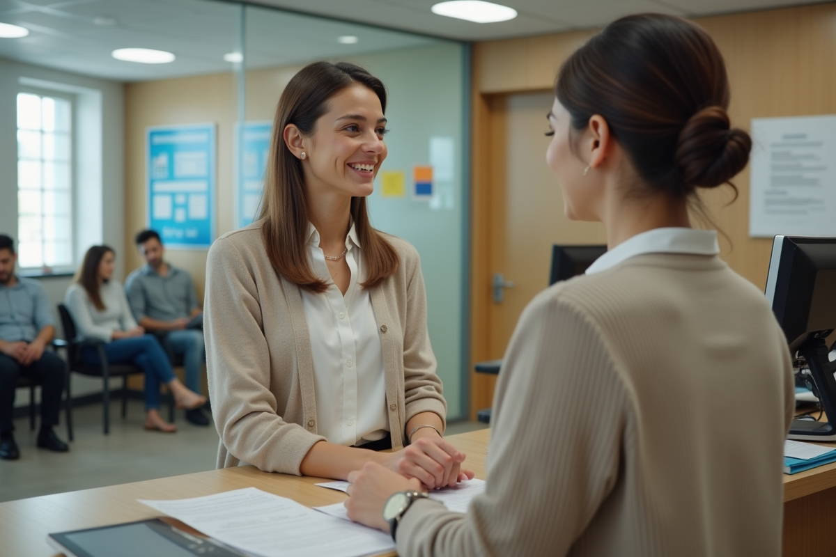Jeune femme parle avec un agent administratif au bureau
