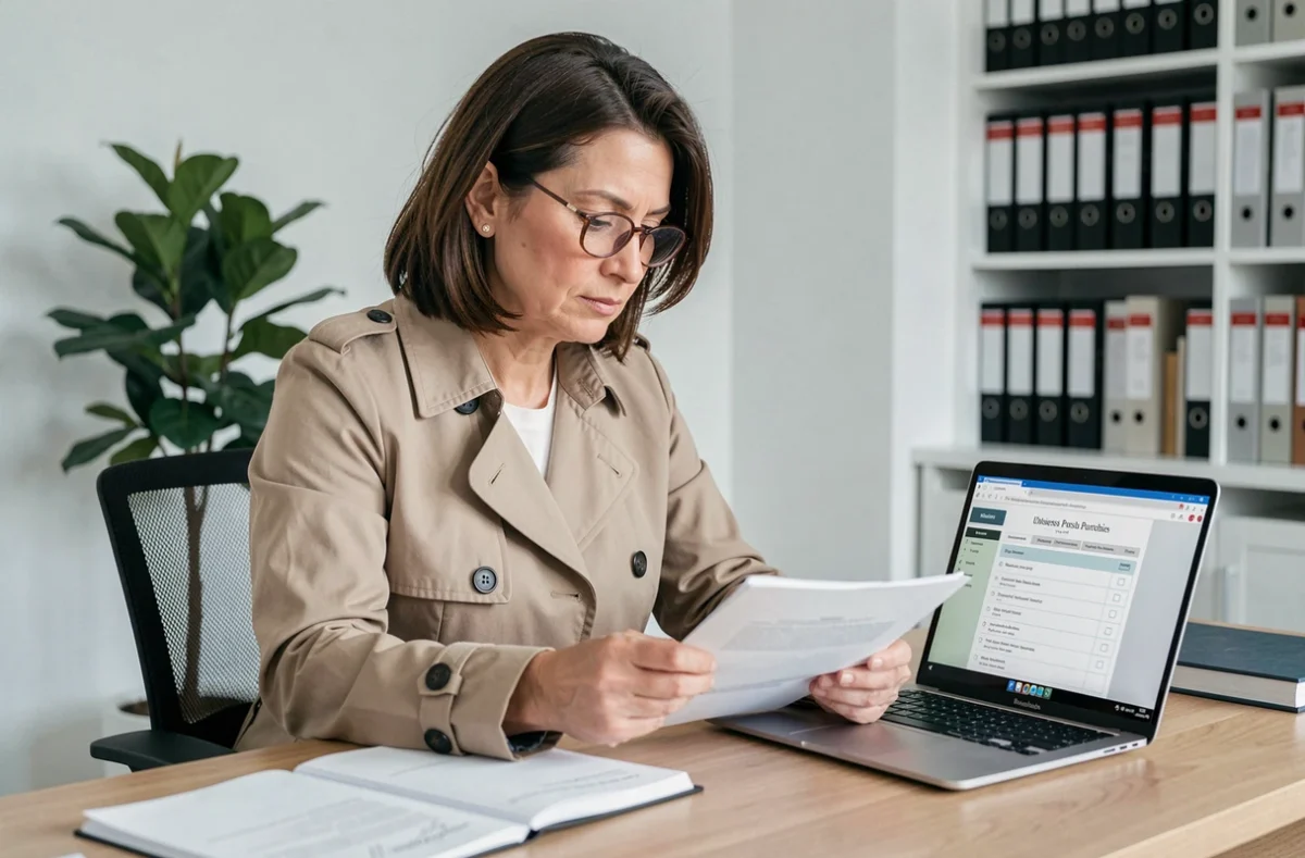 Femme consultant un dossier juridique pour l'achat d'une parcelle PRL dans un bureau notarial