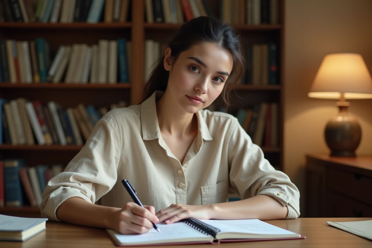 Femme écrivant l'abréviation appartement dans un carnet sur un bureau en bois, illustration de l'usage correct des abréviations courantes