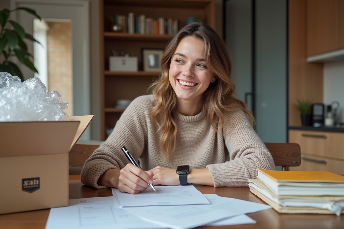 Jeune femme souriante remplissant un formulaire dans un appartement avec cartons