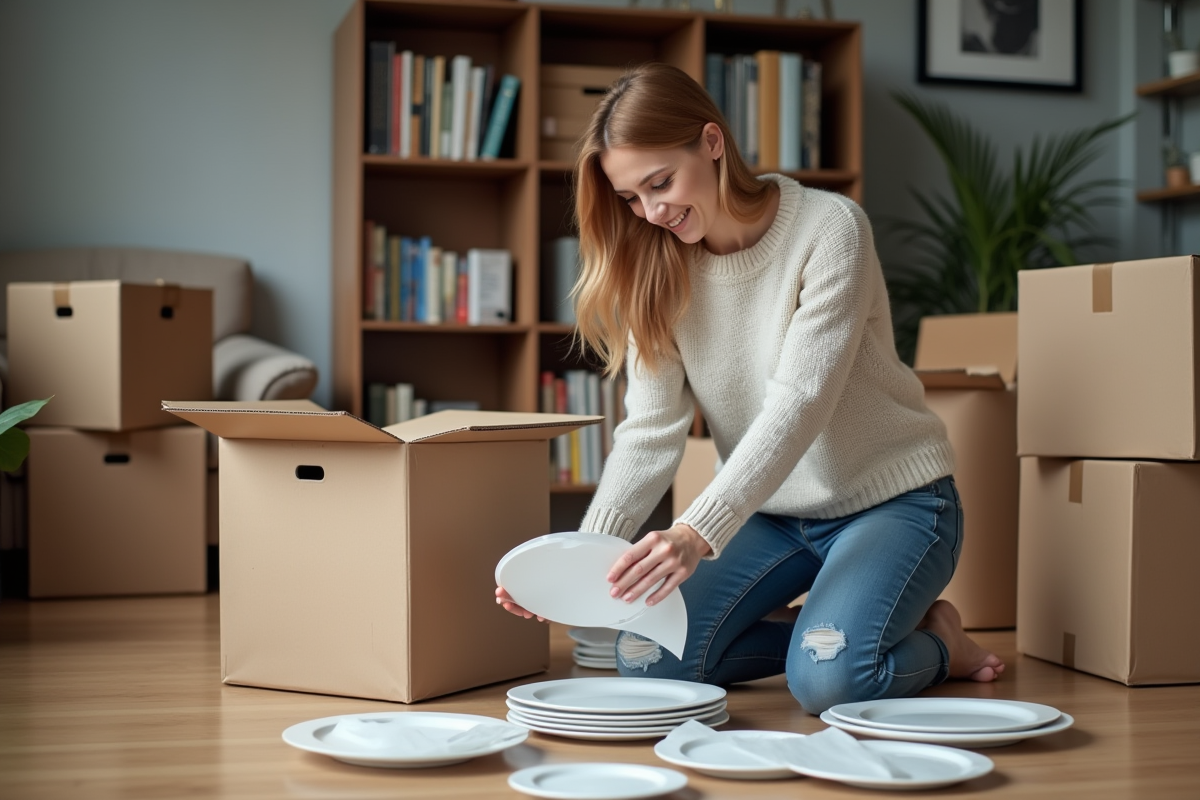 Femme emballant des assiettes dans un salon moderne