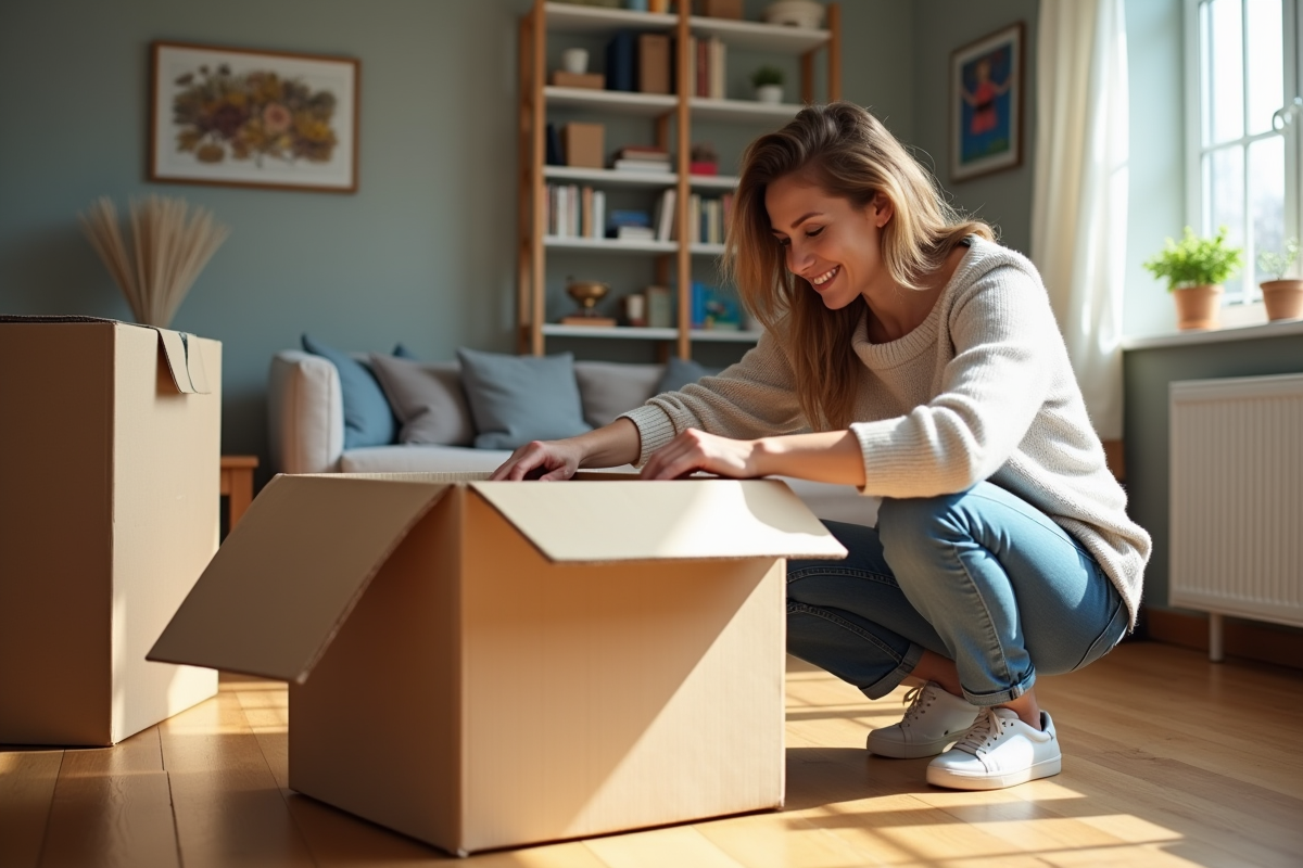 Femme emballant une boxe de demenagement dans un salon lumineux