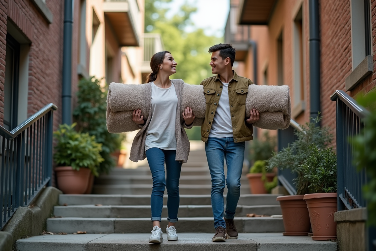 Femme et adolescent portant un tapis dans une entrée urbaine