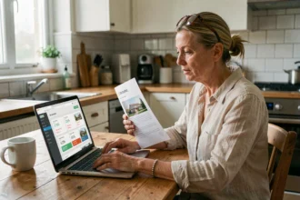 Femme utilisant un simulateur d'estimation immobilière gratuit sur son ordinateur portable à la maison