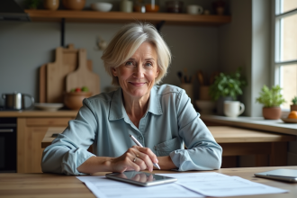 Femme française assise à une table de cuisine avec papiers et tablette