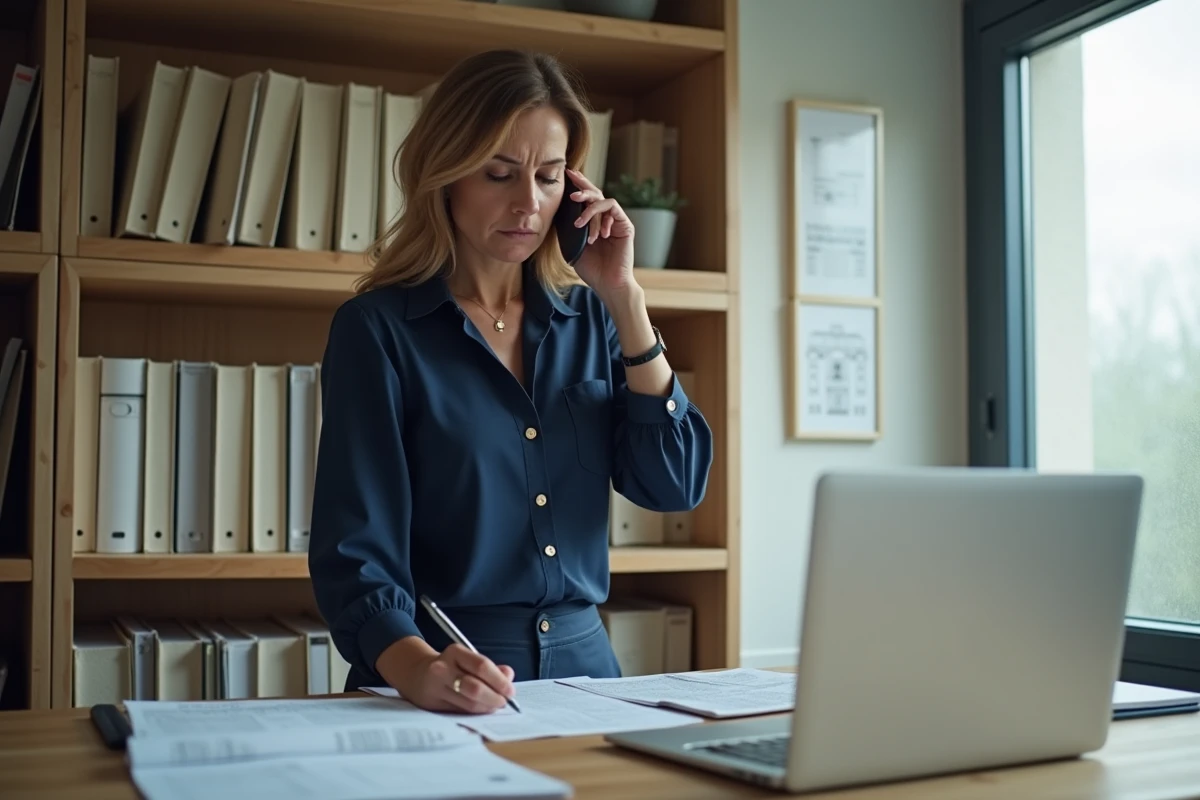 Femme au bureau gérant seule les remboursements d'un crédit immobilier en indivision, téléphone à l'oreille