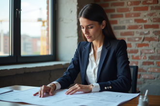 Femme professionnelle examinant des plans dans un bureau rénové