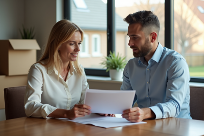 Femme d'âge moyen avec agent immobilier dans un intérieur moderne