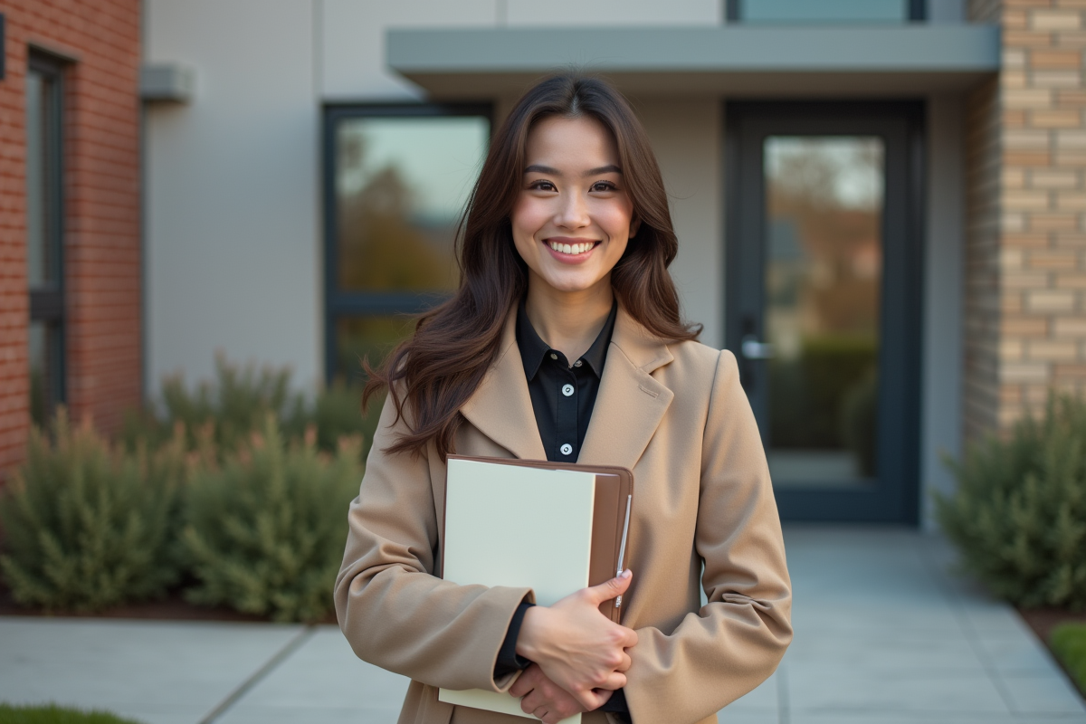 Femme souriante devant un bâtiment résidentiel neuf
