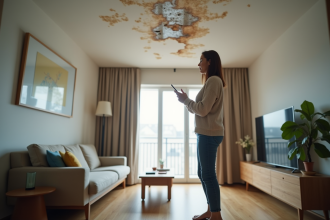 Femme regardant un plafond humide dans son salon