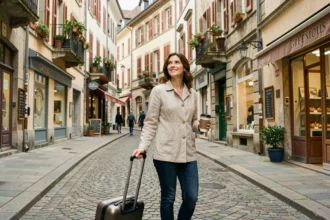 Jeune femme avec valise explorant une rue piétonne de l'hyper centre de Grenoble pour s'y installer