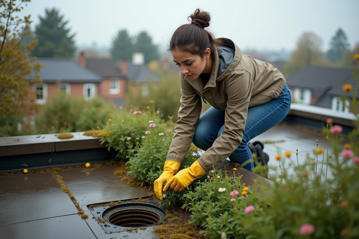 Jeune femme entretenant des plantes sur un toit végétal