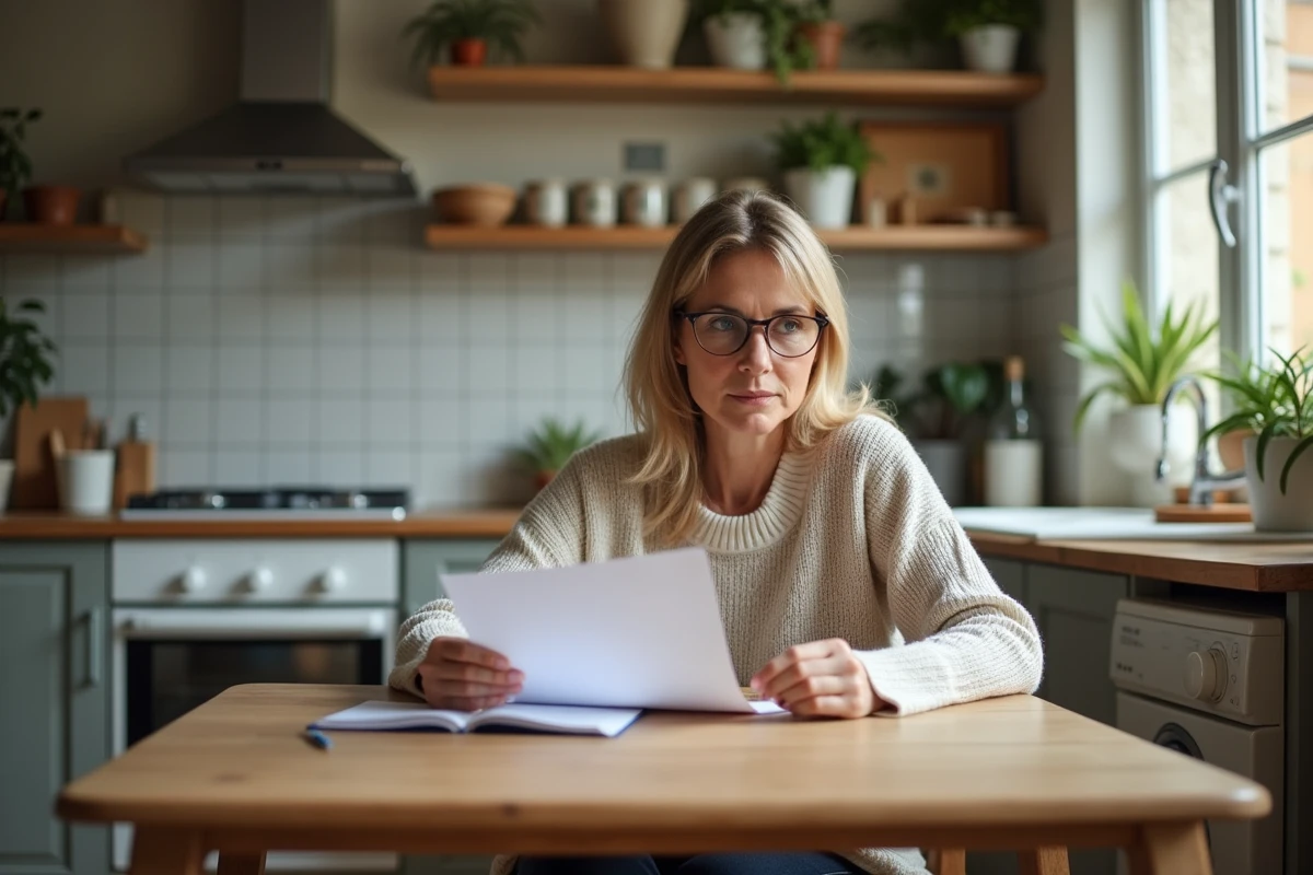 Femme réfléchissant en lisant une notice dans sa cuisine lumineuse