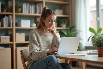 Femme assise à un bureau en transition avec ordinateur et livres