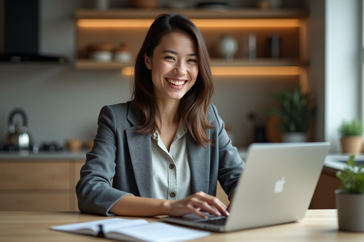 Femme souriante utilisant un ordinateur pour louer une voiture