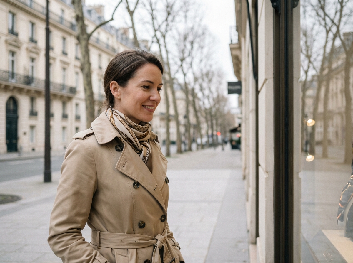 Femme élégante en trench beige dans Paris 8e