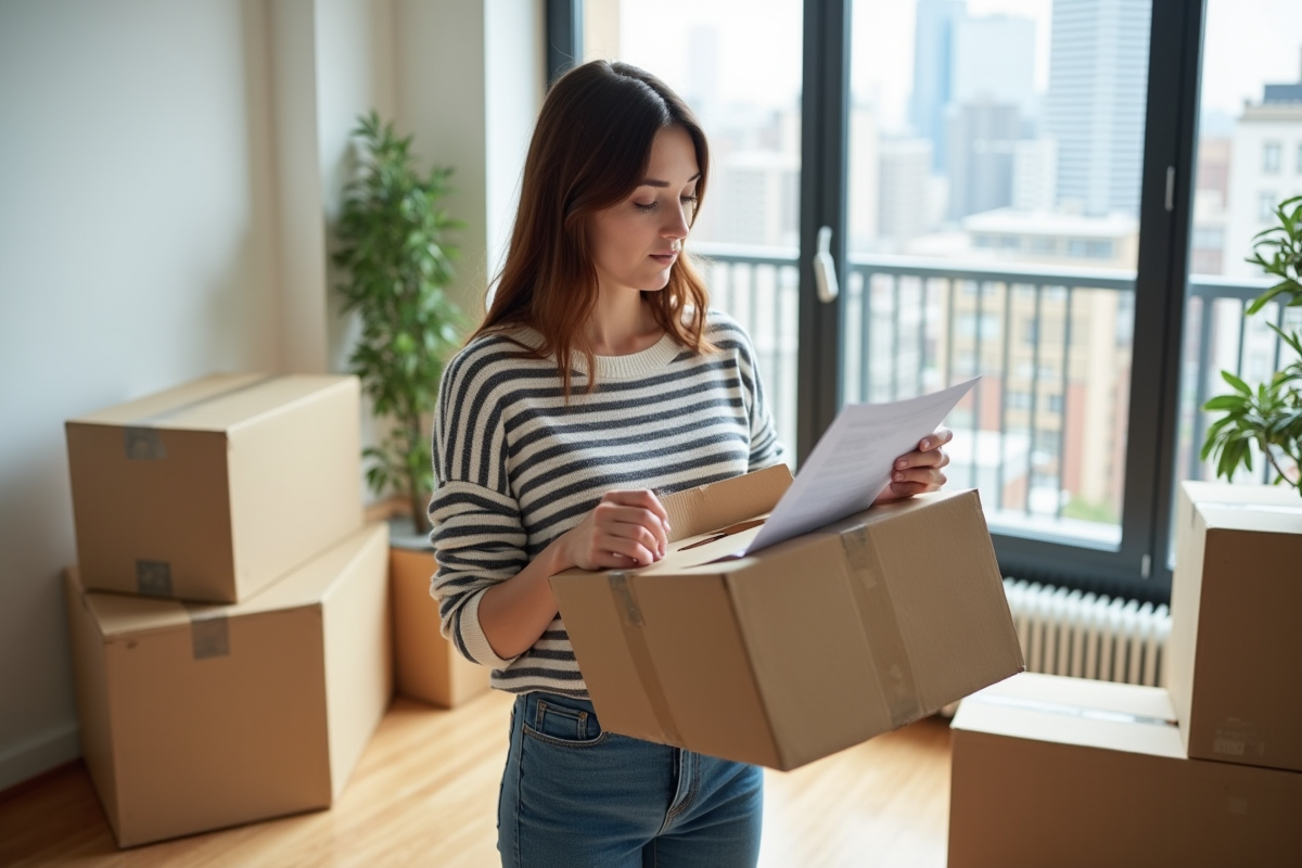 Jeune femme lisant un formulaire de remboursement dans un appartement
