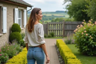 Femme souriante en promenade près d'une maison de campagne