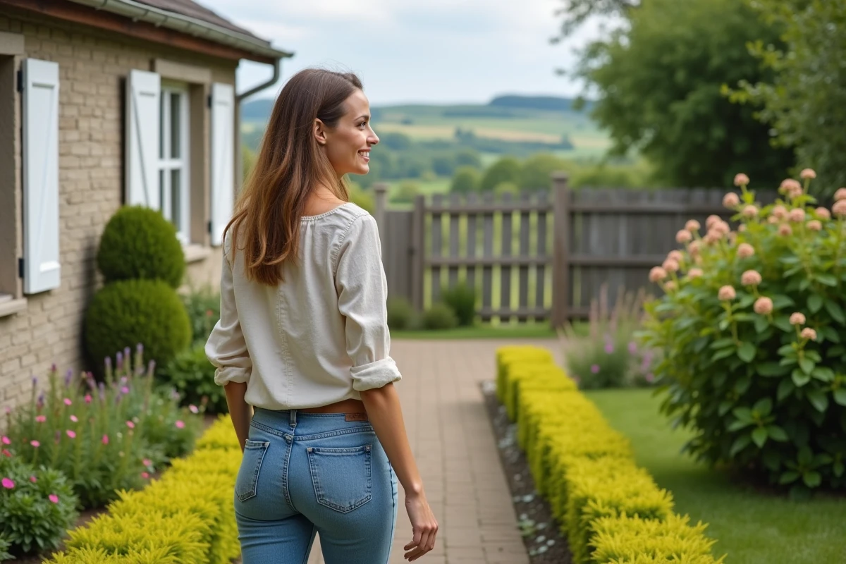 Femme souriante en promenade près d'une maison de campagne