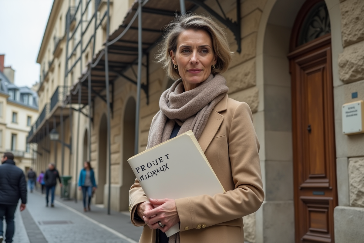 Femme devant un bâtiment historique en rénovation avec dossier Projet Malraux