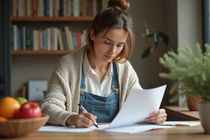 Femme signant un document dans une cuisine chaleureuse