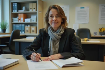 Femme signant des documents dans un bureau municipal
