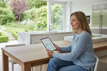 Femme détendue utilisant une tablette dans une cuisine moderne