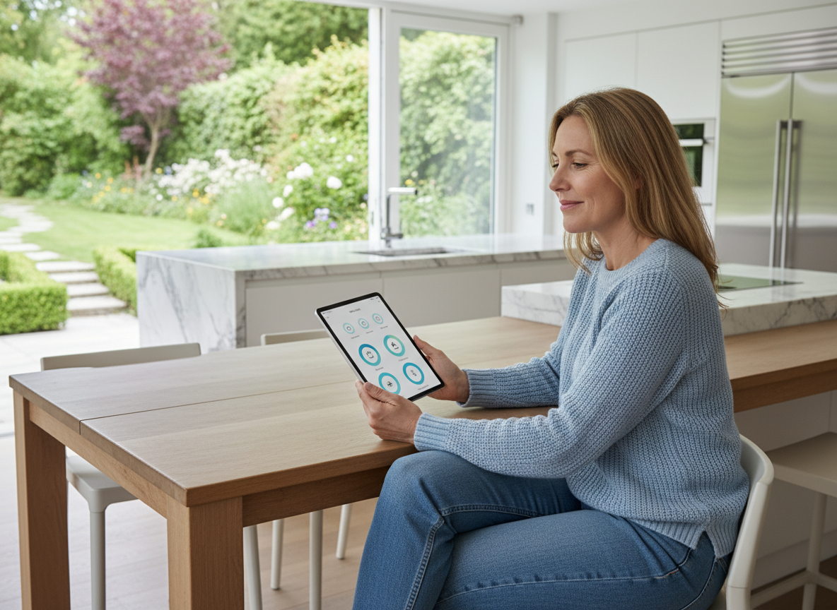 Femme détendue utilisant une tablette dans une cuisine moderne