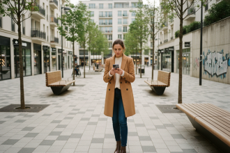 Jeune femme en coat camel consulte une application scooter dans une rue piétonne