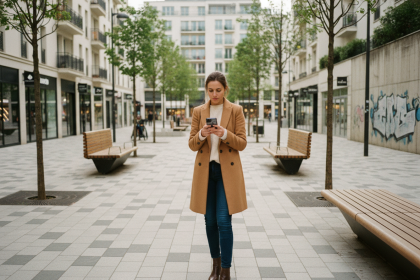 Jeune femme en coat camel consulte une application scooter dans une rue piétonne