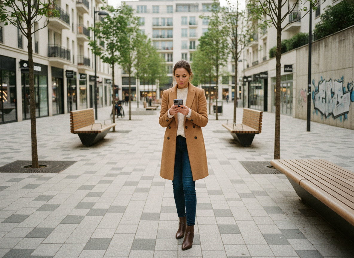 Jeune femme en coat camel consulte une application scooter dans une rue piétonne
