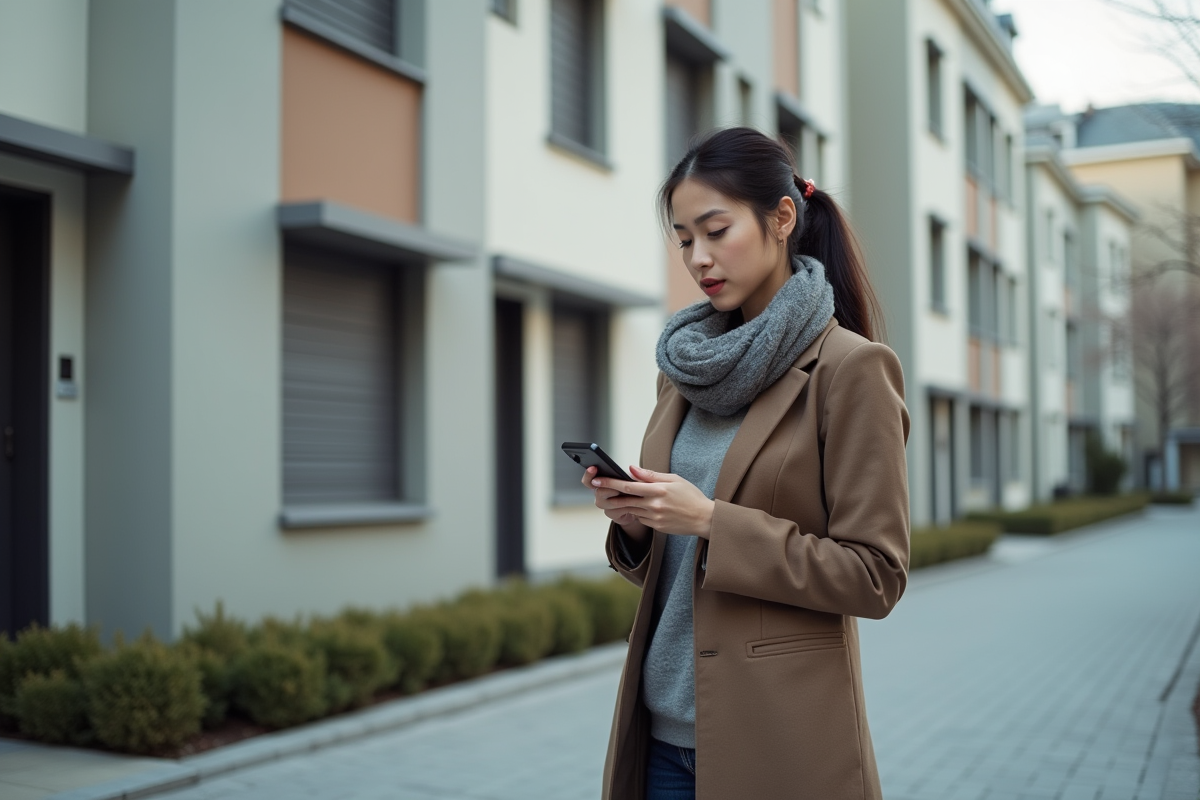 Jeune femme utilisant son smartphone devant un immeuble vacant