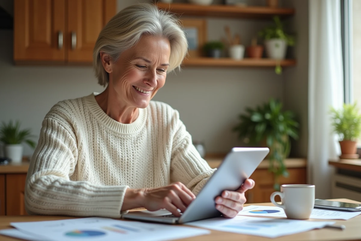 Femme utilisant une tablette dans sa cuisine pour consulter des biens