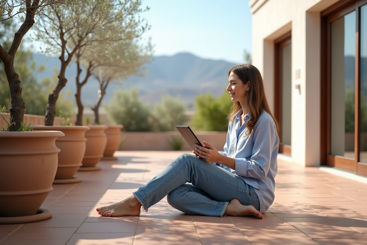 Jeune femme sur terrasse avec plans et montagnes