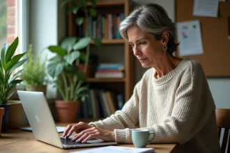 Femme d'âge moyen travaillant sur son ordinateur dans un bureau cosy