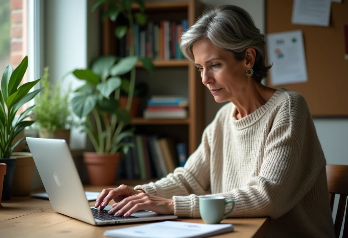 Femme d'âge moyen travaillant sur son ordinateur dans un bureau cosy