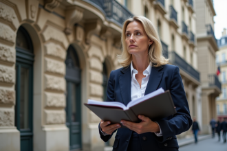 Femme professionnelle devant façade haussmannienne avec dossier Loi Malraux