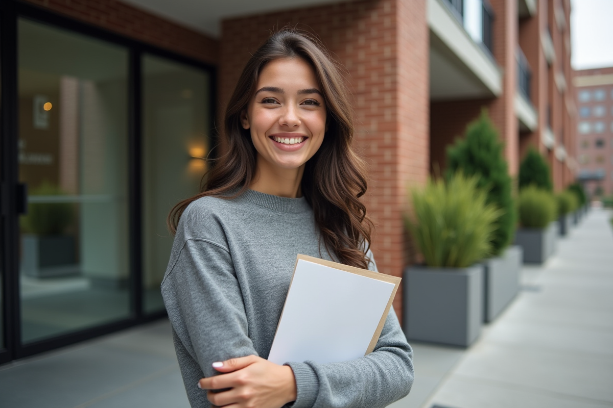 Jeune femme souriante tenant un dossier dans un environnement urbain