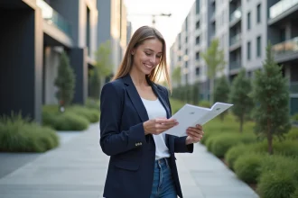 Femme souriante en ville examinant des brochures immobilières